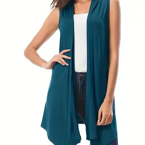 【Plus Size】 Solid Color Open Front Fit Vest Coat, Green, Casual Chic Sleeveless Outerwear for Summer, Women's Clothes for Daily Wear, Plain Color Waistcoat