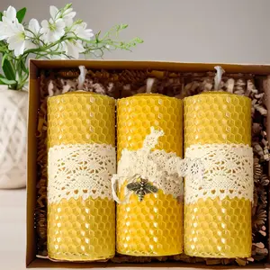 3-Pack Hand-Rolled Beeswax Pillar Candles, 2x4 Inches Natural Honeycomb Texture, Pure Beeswax, Clean Burning for Home Decor, Holiday Gifts & Beekeeper Presents Scent Set Ornaments Decoration Scented