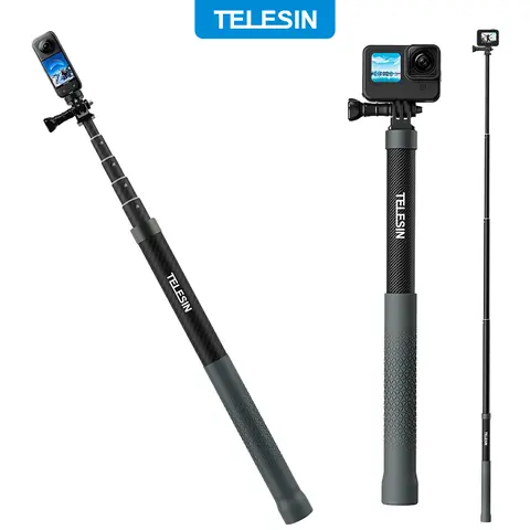TELESIN Carbon Fiber Invisible Selfie Stick Extension Pole 1.2m / 3m for 360 Camera, Insta360 X5/X4/X3/ACE/GO 3, GoPro Hero 13/12/11/10/9/8, DJI Osmo Action 5/4/3 Pocket 3, Akaso, Xtra – Waterproof for Travel, Outdoor, Cycling, Vlog