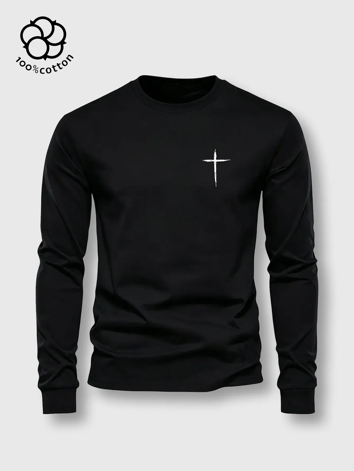 1pc, Men's 6.5oz Heavyweight 100% Cotton Geometric Cross Graphic Crew Neck Long Sleeve Tee, Ribbed Cuffs, Moderately Thick Fabric, Hand-drawn Style Cross Print, Unisex All-Season Versatile Casual Basic Top, Perfect Holiday Gift