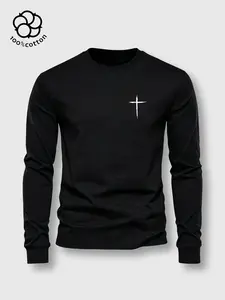 1pc, Men's 6.5oz Heavyweight 100% Cotton Geometric Cross Graphic Crew Neck Long Sleeve Tee, Ribbed Cuffs, Moderately Thick Fabric, Hand-drawn Style Cross Print, Unisex All-Season Versatile Casual Basic Top, Perfect Holiday Gift