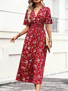 Women's Bohemian Short Sleeve Dress, Ditsy Floral Pattern, Casual Summer Fashion, Perfect for Daily Wear and Parties, Bohemian Print Dresses