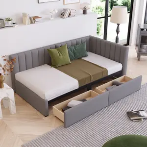 Modern Twin Corner Daybed with 2 Storage Drawers, L Shaped Upholstered Day Bed with Armrest, Linen Fabric Sofa Bed Frame, No Box Spring Needed