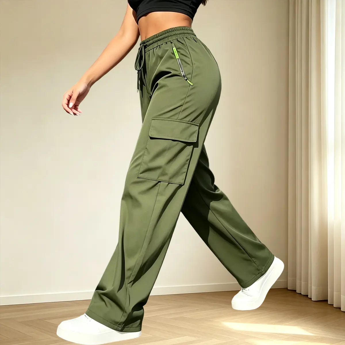 Women’s summer fashion cargo straight-leg pants with flap patch pockets and an elastic waistband with drawstring; suitable for everyday casual wear, outdoor activities, dates, and shopping trips; a great gift for loved ones and friends.