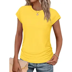 Womens Summer Tops Trendy 2025 Ruched Cap Short Sleeve Tshirts Shirts Crew Neck T Shirts FashionGift