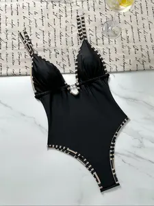 Women's Solid Color Ribbed One-piece Swimsuit, Casual Fashion Sleeveless Swimwear for Beach Holiday Vacation, Ladies Swimsuit for All Seasons