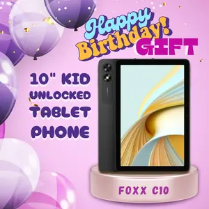 Birthday Gift Foxx C10 School Tablet-Phone with case and screen protector Unlocked 10.1 inches 4 RAM 64GB ext 1 TB dual sim 8mp front/rear camera double lenses ai technology Tablets ai face unlock with school kids toddler tablet Android Tablet with Case
