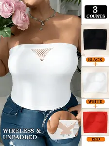 3PCS Confidence Plus Size Strapless Bandeau Slimming Ribbed Knit Tube Top with Mesh Detail  Breathable Stretchy Top for Women