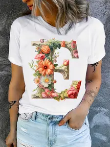 1pc Women'S Floral Letter E Print T-Shirt, Casual Crew Neck Polyester Tee with Geometric Pattern, Medium Stretch Knit Fabric for Summer