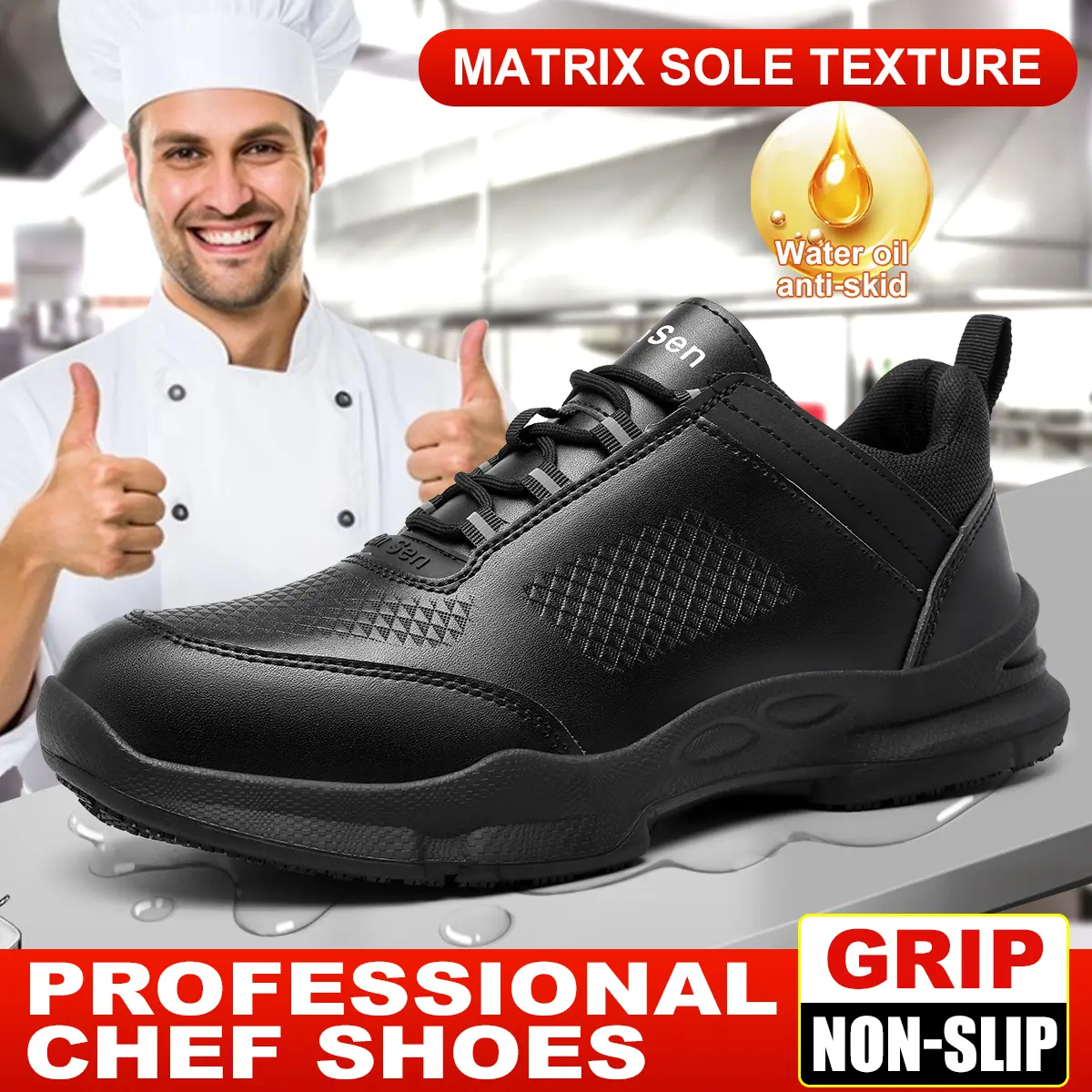 Waterproof Men's Chef Shoes Lightweight Soft & Anti-slip Hotel Kitchen Work Shoes Oil-resistant Catering Shoes