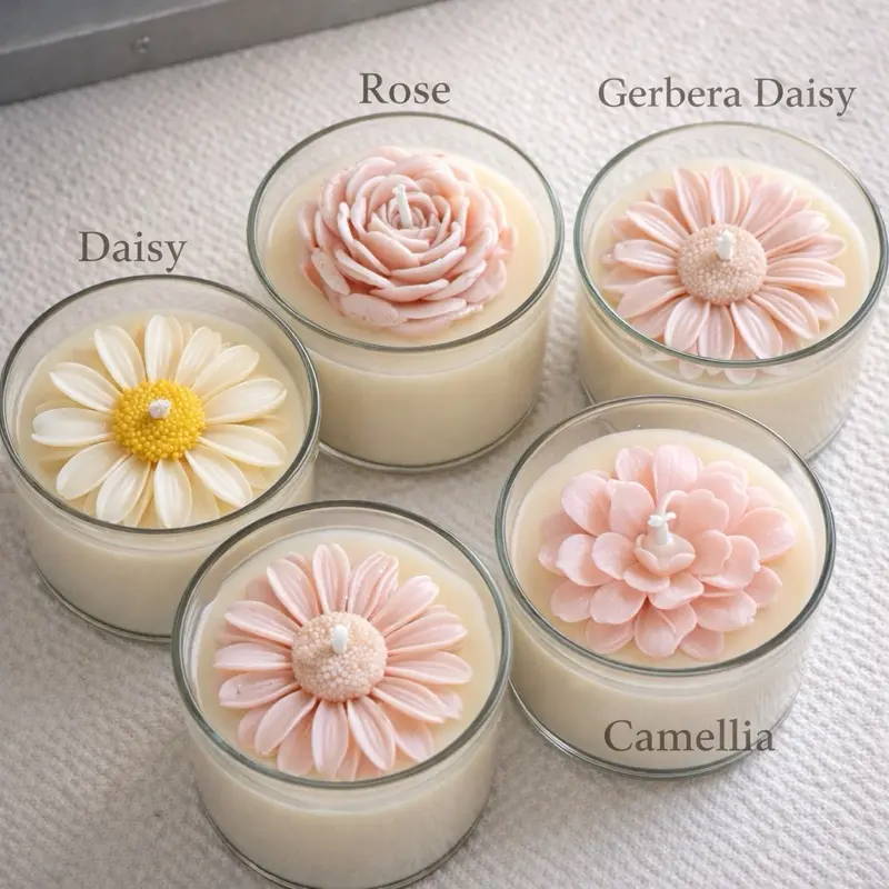 Rose, Gerbera Daisy, Daisy, Camellia - Decorative Candles with Floral Designs for Home Decor (Set of 4)