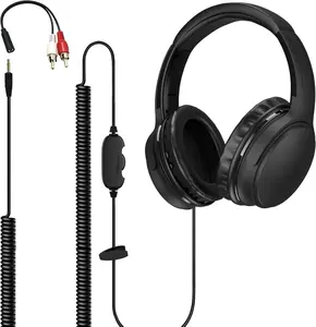 19.5Ft / 6M Extra Long Cord Headphones for TV PC with Volume Control, Spring Coiled , 3.5mm AUX, Wired Over Ear Earphones for Seniors Hard of Hearing, Large Comfortable Computer Headset