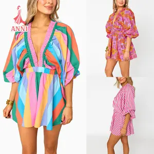 Women's Summer Short Boho Jumpsuit Long Sleeve Deep V Neck Stripe/Floral Print Playsuit