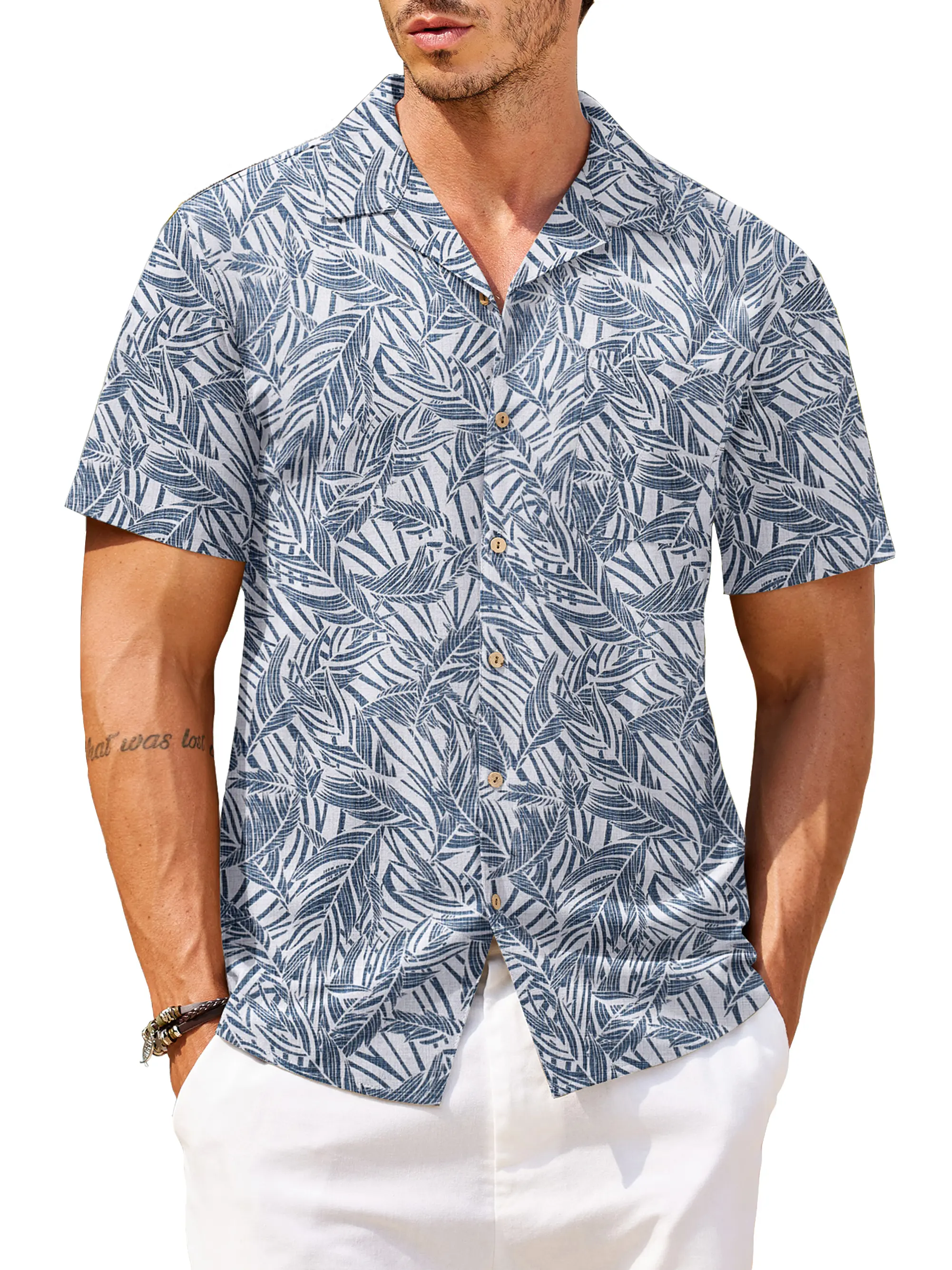 COOFANDY C New York Fashion Week Men's Cotton Linen Tropical Holiday Beach Shirt Classic Floral Menswear Top Overall Collar Casual Shortsleeve