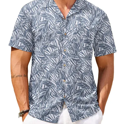COOFANDY C New York Fashion Week Men's Cotton Linen Tropical Holiday Beach Shirt Classic Floral Menswear Top Overall Collar Casual Shortsleeve