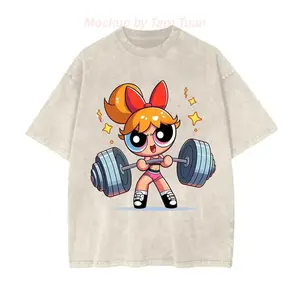 Vintage Powerpuff Girls Gym Washed Tee, Unisex Graphic T-Shirt For Youth And Adults, Cute Cartoon Weightlifting Shirt, Apparel Made In The USA		