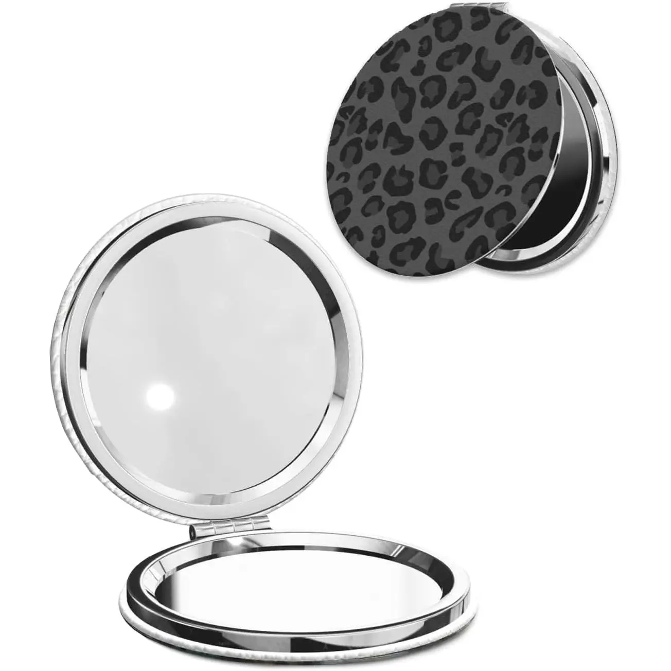 Compact Pocket Mirror, 1X/2X Magnifying Round Mirror for Girls Women, Portable Pu Leather Makeup Mirror for Handbag, Purse, Travel - Black Leopard Cheetah