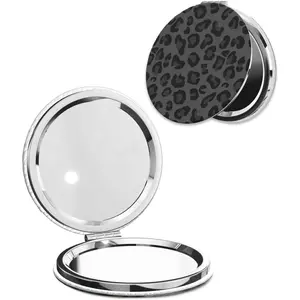 Compact Pocket Mirror, 1X/2X Magnifying Round Mirror for Girls Women, Portable Pu Leather Makeup Mirror for Handbag, Purse, Travel - Black Leopard Cheetah