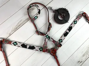 Black Beaded Steer (Bull) Skull Leather Tack Set