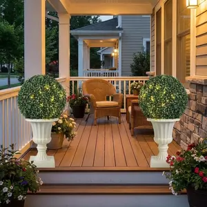 25" Pre-Lit Topiary Trees Outdoor 2 Pack, 16" Faux Boxwood Ball with Lights, Fake Topiary Trees for Outdoors in Clear Urn Planter, Front Porch Decor Outdoor & Patio Plants