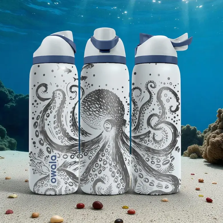 Owala FreeSip 32oz Octopus Engraved Water Bottle | Ocean Tentacles Sea Life Design | Stainless Steel Vacuum Insulated Travel Bottle with Straw Lid