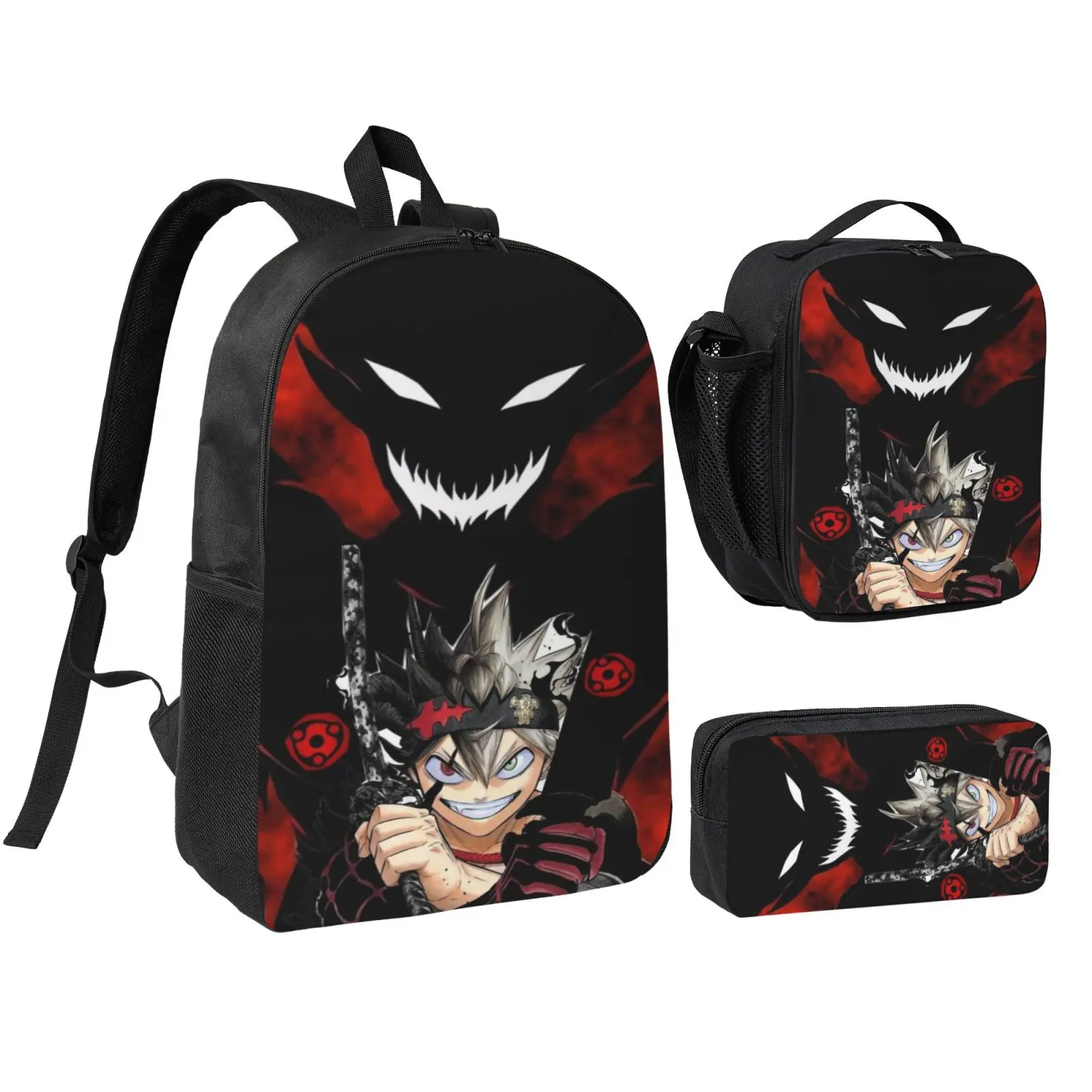 3-Piece Backpack Set for Kids & Teens, Black Clover Anime Print Nylon Daypack, Water Resistant with Adjustable Straps for School & Travel, Set Pack, Daily Use