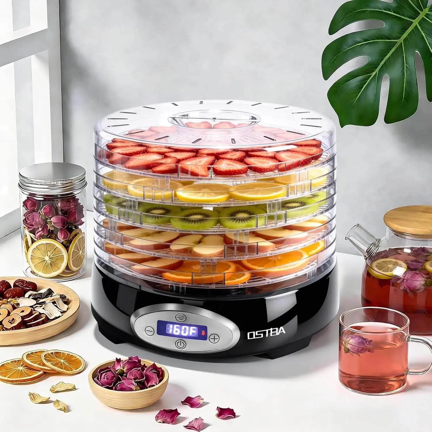 OSTBA Countertop Food Dehydrator for Beginners, 5 BPA-Free 12.2" Trays with Adjustable Tray Height, 360° Even Heat Circulation, 420W, 95–160℉ Adjustable Temp, 48H Timer, Auto Shut-Off for Fruits, Veggies