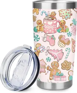 Christmas Tumbler Pink Gingerbread Man Coffee Mug with Lid Straw Brush Stainless Steel Cup for Anniversary Holiday Birthday Party Favor Supplies, 20 Oz