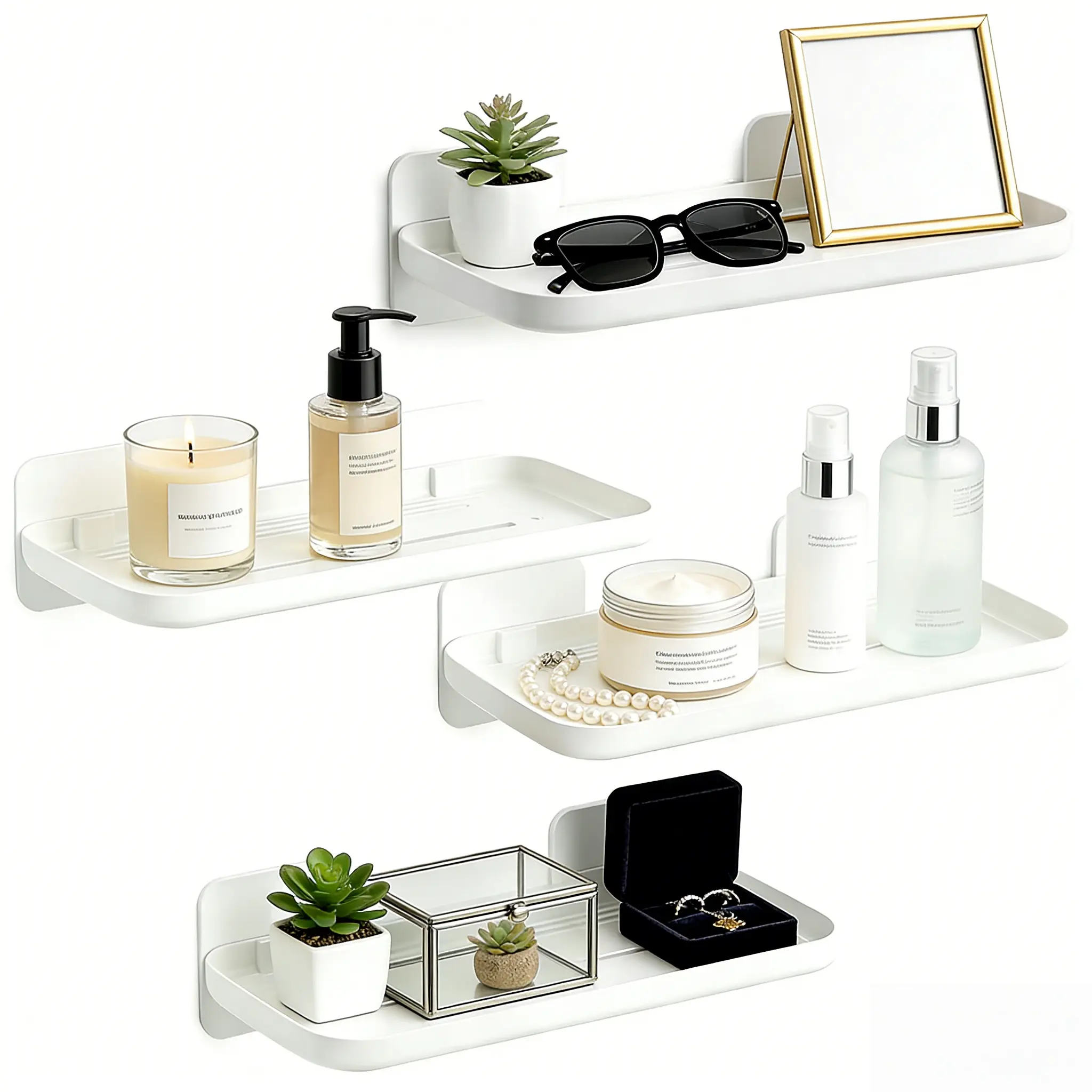 No-Drill Adhesive Floating Shelf Pack, Lightweight Damage-Free Wall-Mounted Storage Organizer with Hanger, Heavy-Duty Sticky Shelving for Bathroom, Kitchen, Space-Saving Decor for Toiletries, Spice Jars, Beauty, Abs