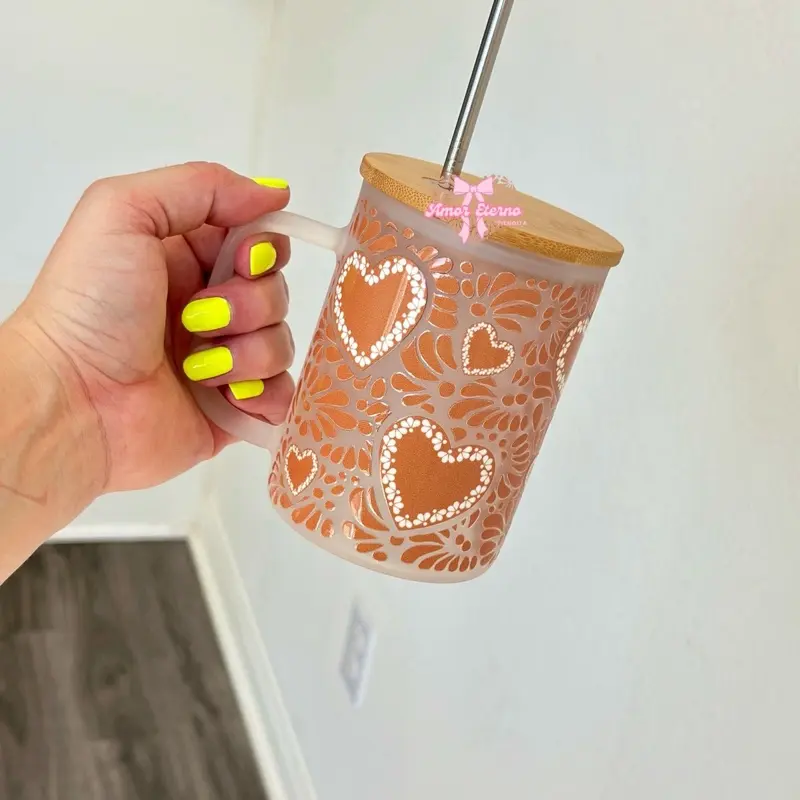 Talavera-Inspired Mexican Brown Glass Tumbler Mug - Reusable, Portable, Hand-Wash Drinkware, Brown Glass Cup for Drinking Coffee, Iced Drinks, Do Not Put in Microwave