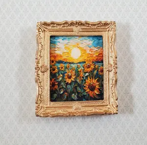 Miniature Sunflower Framed Art Print Palette Knife Style 1:12 Scale Dollhouse