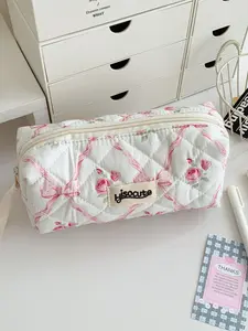 Fashion Simple Design School Season Girls Embroidered Floral Pencil Case, Large Capacity Stationery Storage Bag, Cartoon Makeup Bag Wash Bag Office Supplies