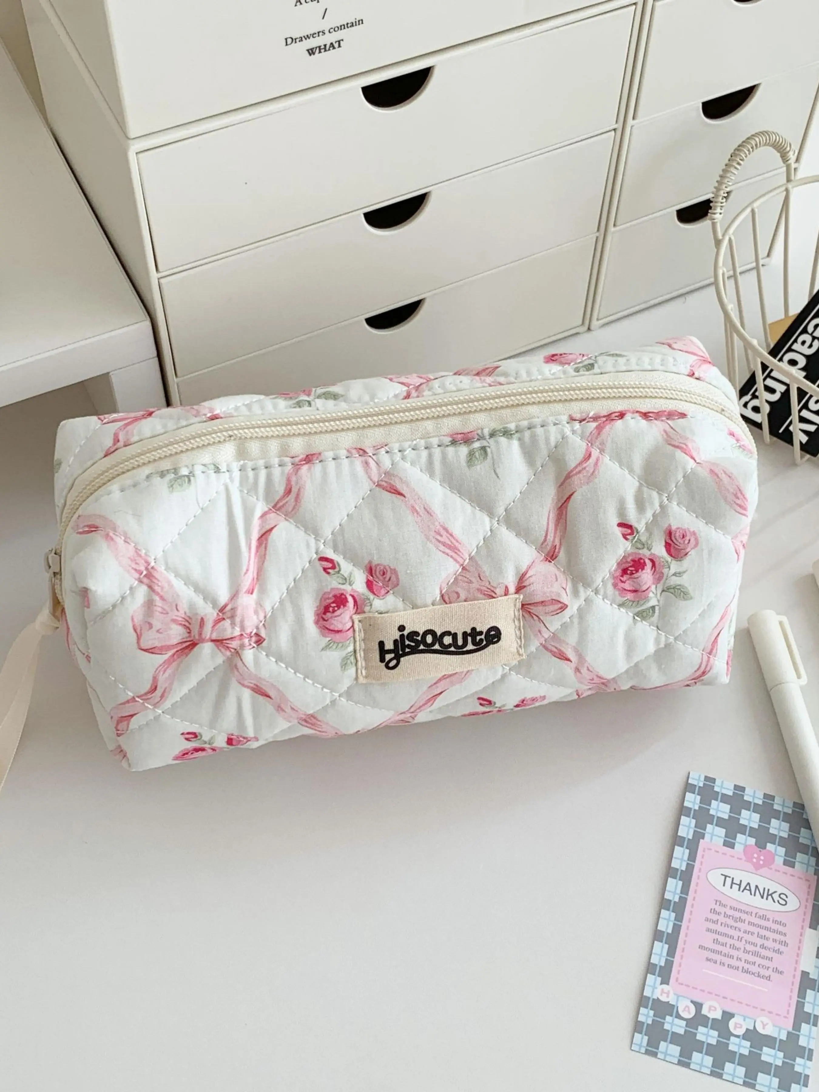 Fashion Simple Design School Season Girls Embroidered Floral Pencil Case, Large Capacity Stationery Storage Bag, Cartoon Makeup Bag Wash Bag Office Supplies