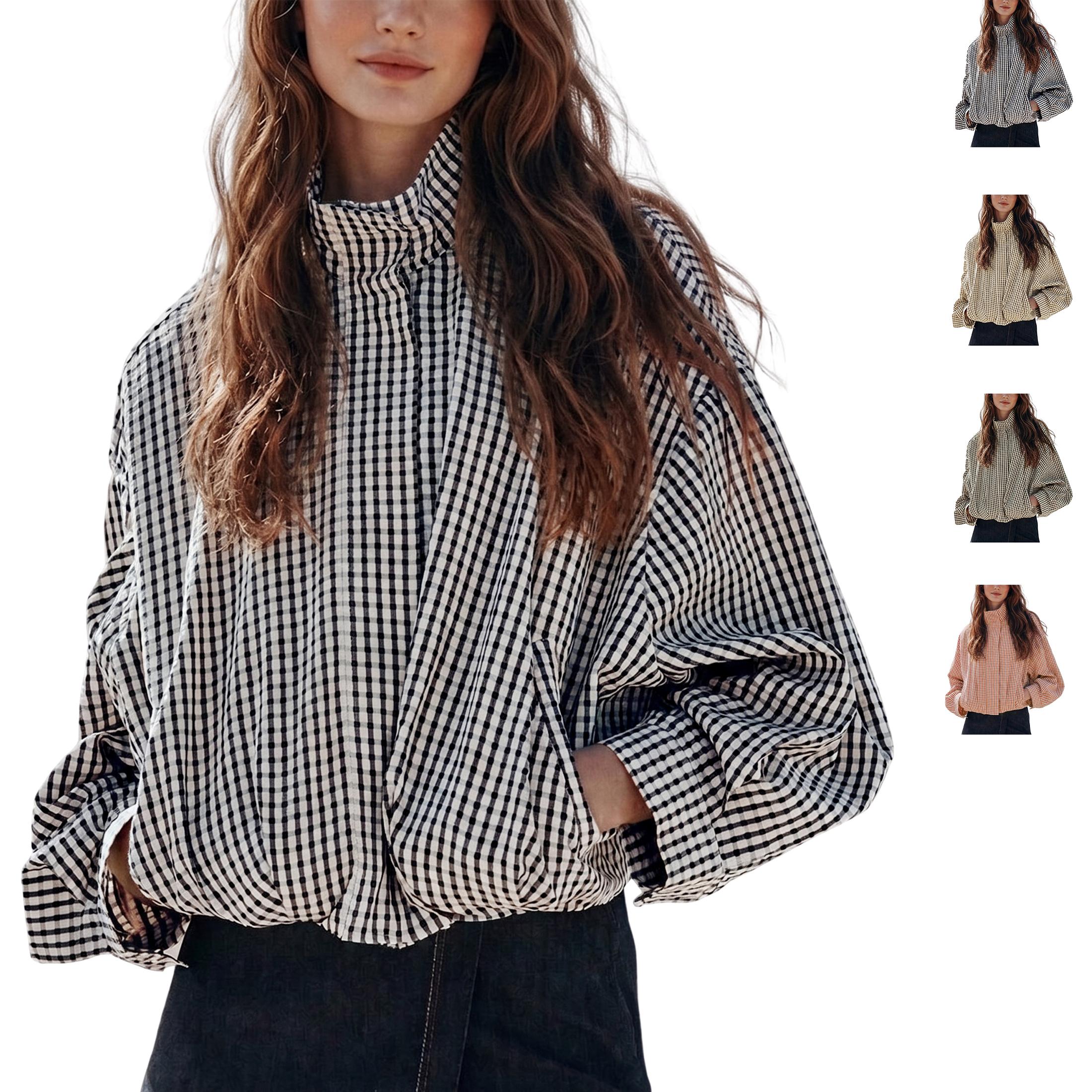 Wandal Women Stand High Neck Gingham Blouse, Oversized Balloon Long Sleeve Vintage Checkered Shirt, Loose Casual Woven Plaid Top