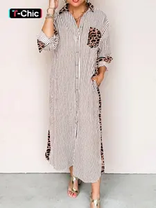 Hotapei Spring Autumn Striped Colorblock Leopard Patchwork Slit Long Shirt Dress, Stylish Women's Fashion, Perfect for Casual Wear