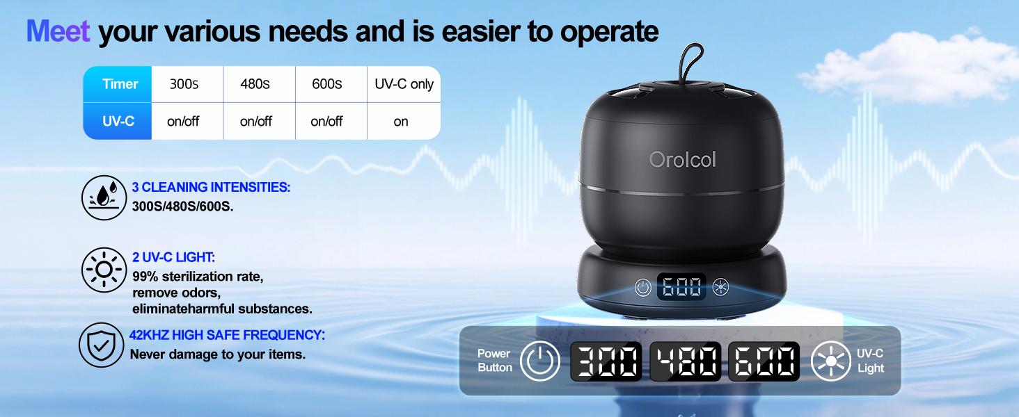 Ultrasonic UV Dentures Cleaner , 42 kHz Ultrasonic Retainers Cleaner Cleaning with 3 Time Modes & UV-C Light, Portable Dental Cleaner for Oral Care Appliances