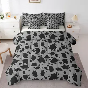 Western Cow Print Comforter Set with Sheets Black Grey Animal Cowhide 7 Pieces Bedding Set Western Farmhouse Rustic Bed in a Bag Room Decor Soft
