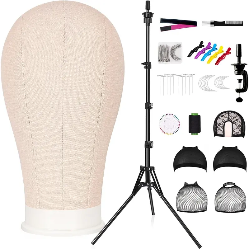 22 Inch Canvas Wig  Mannequin  With 63in Tripod Stand, Manikin Canvas  Set for Wigs Making Display Styling with Tripod Table Clamp Wig Caps Pins Set Hair Brush, Clips(Beige)