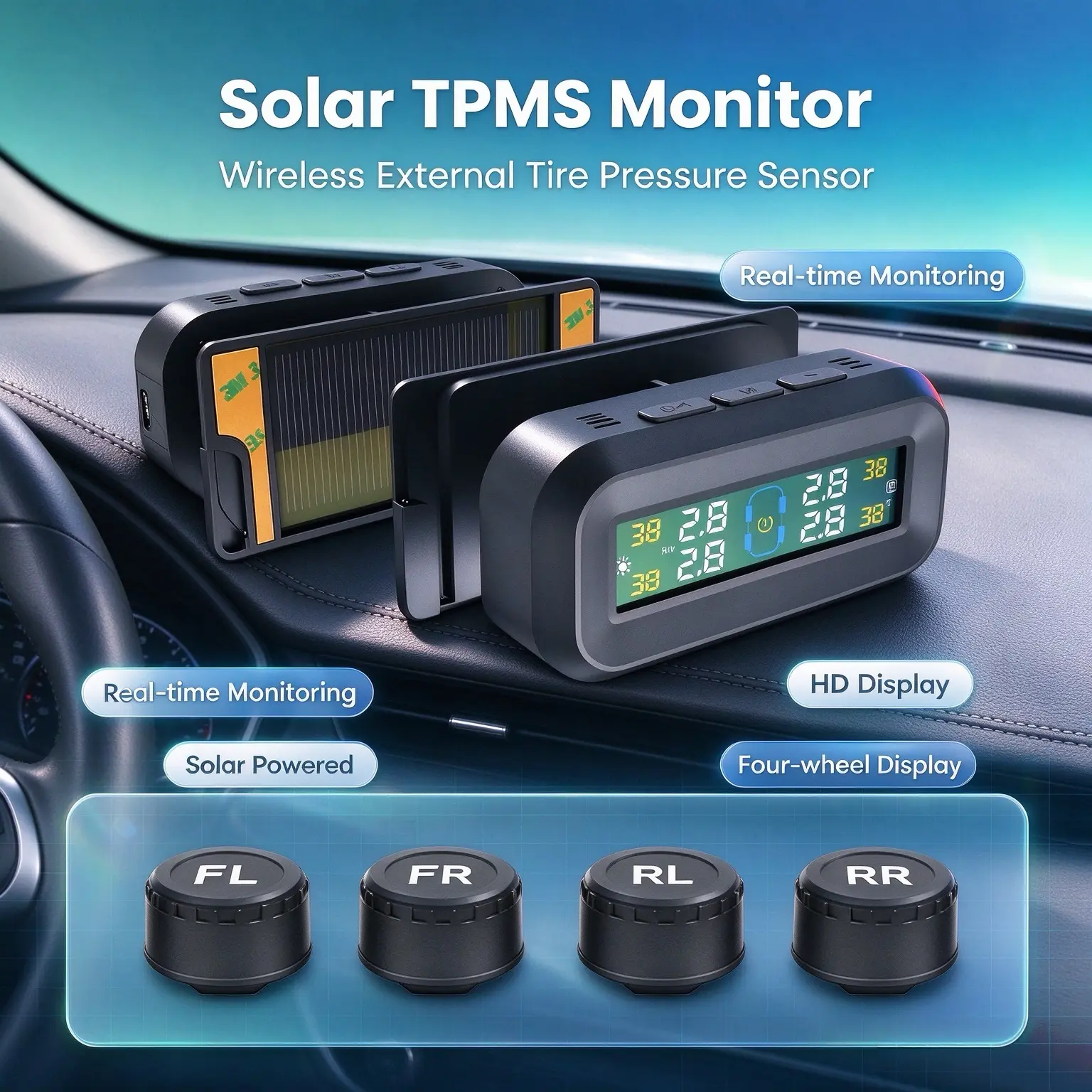 Solar TPMS Tire Pressure Monitoring System for Car, SUV, RV/Camper - Wireless with 4 External Sensors, Color LCD Display, Solar-Type-C Dual Charging, 50-Foot Extended Range, Real-Time Pressure-Temperature Safety Alert, Auto Accessories, Car Stuff
