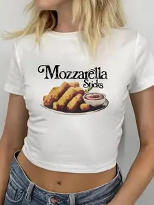 Women's Mozzarella Sticks Graphic Round Neck Tee, Casual Letter Print Short Sleeve T-Shirt for Daily Wear, Ladies Clothes for All Seasons, Top