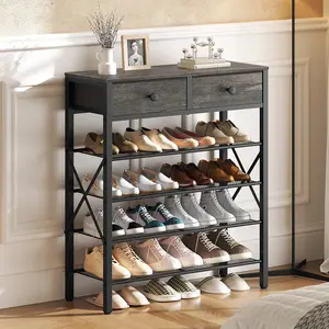 YATINEY 5 Tier Shoe Rack, Large Capacity Shoe Storage Organizer, Metal Shoe Shelf with Drawer and Wooden Top, for 20 Pairs of Shoes, for Entryway, Closet, Charcoal and Black