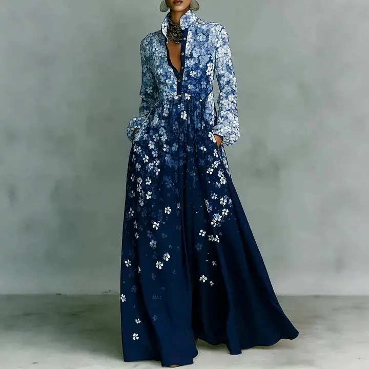 2026 New Bohemian Maxi Dress, Polka Dot & Tribal Print Design, Stand Collar Puff Sleeve with Wide Hem, Long Sleeve Button Front & Pockets, Tall Length Vacation Dress. Size Tip: C cup and above please order two sizes up.