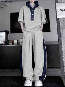INCERUN Men's Casual Patchwork Colorblock Half Sleeve Hoodie Long Pants Set, Stylish Two-Piece for Daily Wear, Comfortable and Trendy Clothes, Clothing Sets