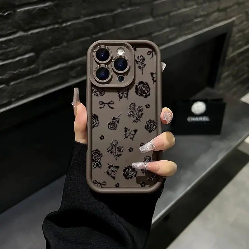Elegant Black Rose & Butterflies Printed Polycarbonate iPhone Casing - Lightweight, Durable, Shockproof Smartphone Accessory for Handheld Cellphone Devices: iPhone 11,12,13,14 Plus,15,16,17 Pro Max Air