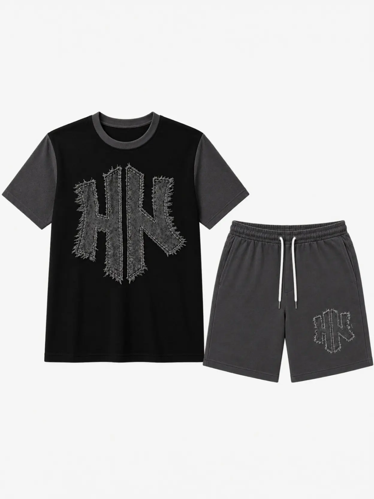 Men's 2-Piece Matching Menswear Set - Short Sleeve Print T-Shirt, Drawstring Shorts, Black Gray Colorblock Summer Relaxed-Fit Streetwear Lounge Outfit (Sneakers Compatible Note: Sneakers are Recommended Pairing for This Set)