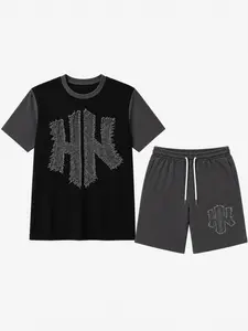 Men's 2-Piece Matching Menswear Set - Short Sleeve Print T-Shirt, Drawstring Shorts, Black Gray Colorblock Summer Relaxed-Fit Streetwear Lounge Outfit (Sneakers Compatible Note: Sneakers are Recommended Pairing for This Set)