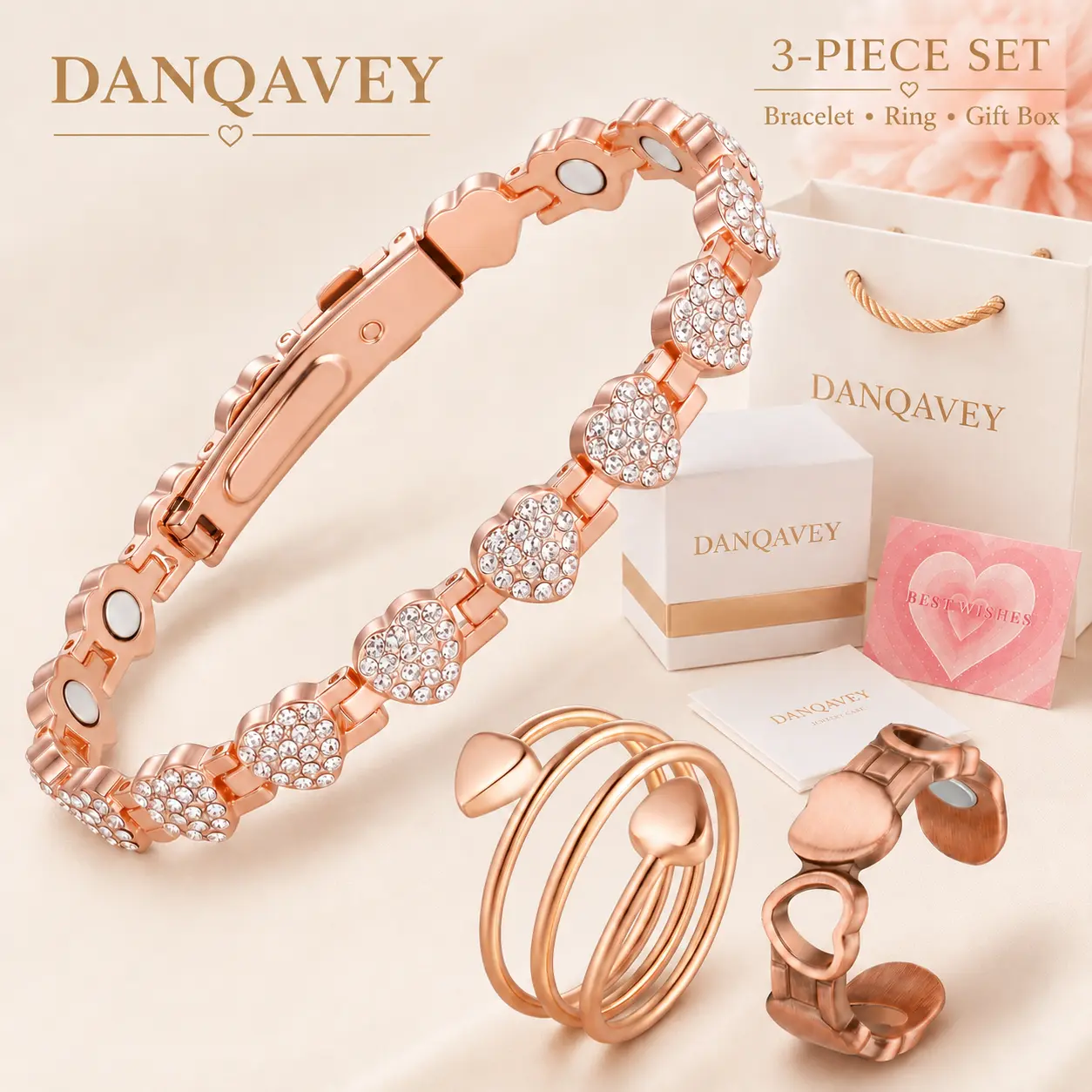 Buy 1 Get 3! Magnetic Copper Bracelet & 2 Adjustable Copper Rings Gift Set for Women | Pulsera Magnética de Cobre | Rose Gold | 3800 Gauss