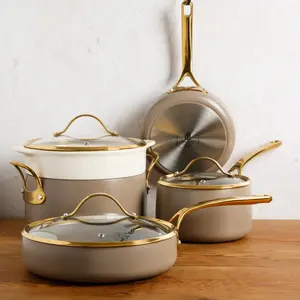 8-Piece Cookware Set - PFAS-Free Ceramic Nonstick Aluminum - Cappuccino Cream with Gold Handles