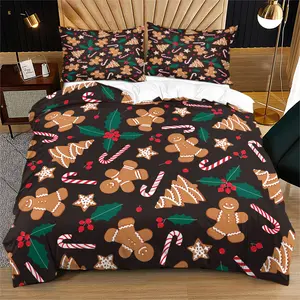 Christmas gingerbread man cartoon tree pattern, soft and durable bed quilt cover set, including 1 quilt cover and 1 or 2 pillowcases, without a core or pillowcore, suitable as daily gifts for birthdays and holidays