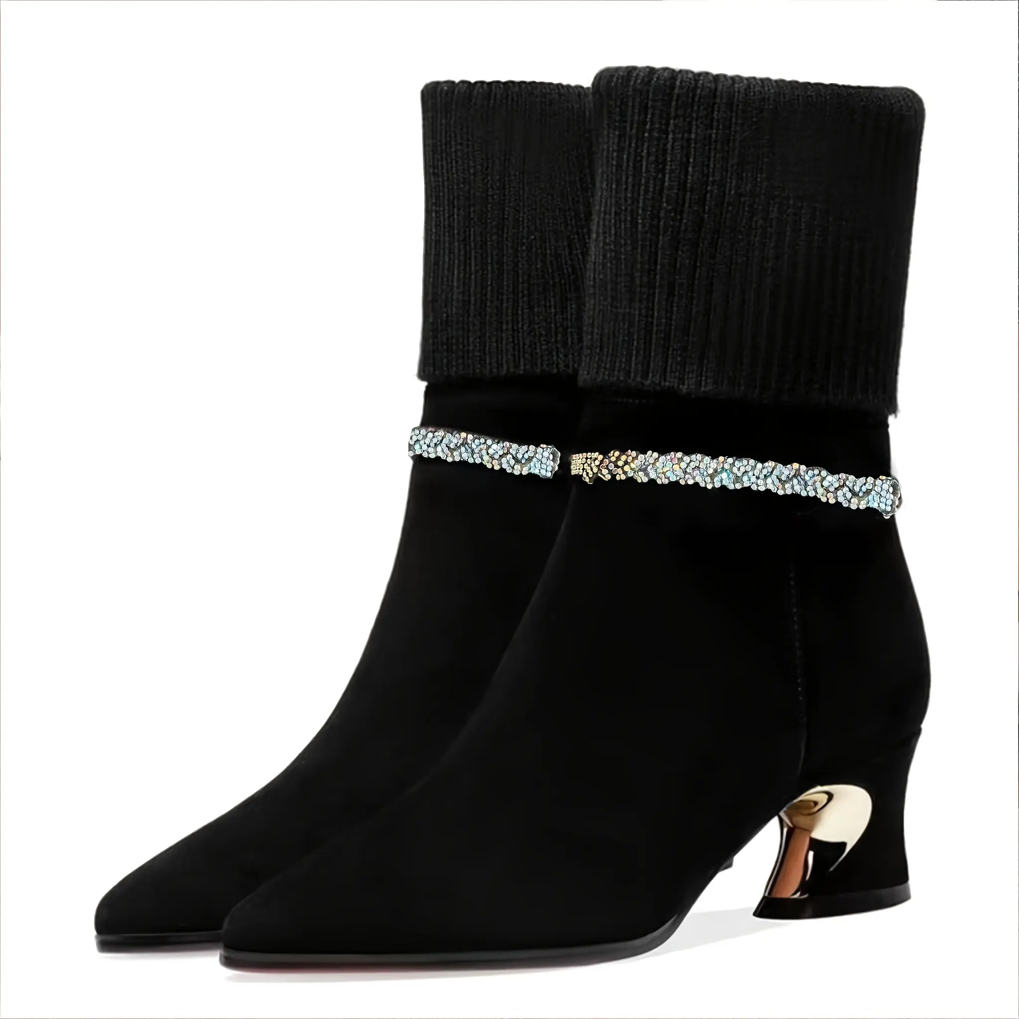 Women's Winter Rhinestone-Embellished Ribbed Knit Chelsea Ankle Boots with Pointed Toe & Chunky Heel - Black Fleece-Lined Slip-On Snow Boots for Cold Weather, North American Style Comfort